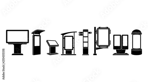 Set of isolated black silhouette street advertising structures, billboards, city signage, kiosks and bus shelter icons for urban planning projects