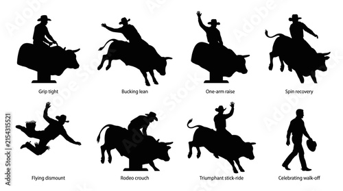 Collection of rodeo bull riding and cowboy silhouettes, action poses, falling rider, walking cowboy, and bull bucking with rider, western sport