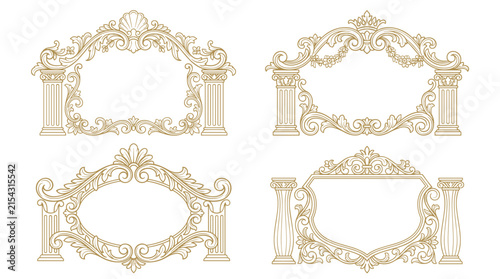 Set of four ornate victorian baroque frames with intricate scrollwork, decorative classical borders, vintage elegant flourishes, royal invitation