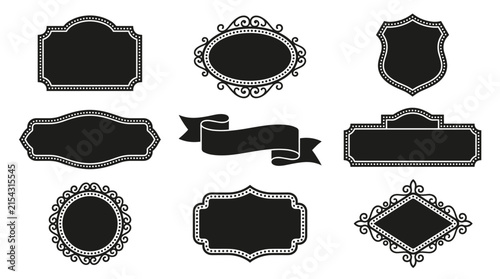 Set of vintage marquee frames and ribbon banner ornaments, black silhouette borders for luxury branding, wedding signage, decorative invitation