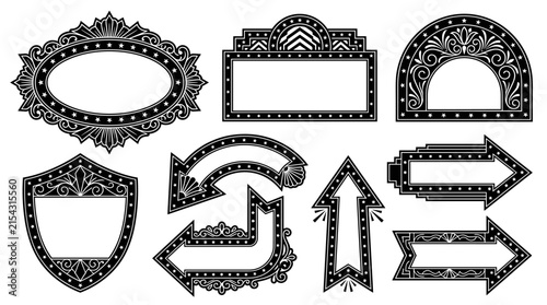 Set of vintage marquee frames and arrows in black and white silhouette style, elegant ornate decorative elements for signage, invitations, branding