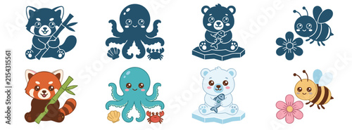 Set of vector cute animals, red panda, octopus, polar bear, bee, and other creatures, collection of simple cartoon icons, digital illustrations