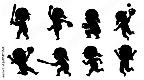 Set of baseball player silhouettes showing various game actions including batting, pitching, running, catching, team sports competition, physical