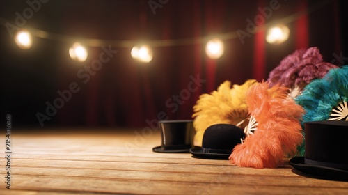 floorboards. A vintage theater stage with scattered feather fans and top hats on wooden floorboards under soft lighting. real-estate listings.