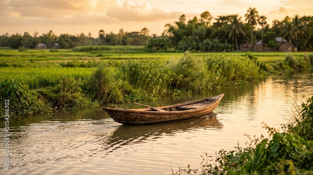 Fototapeta premium Traditional wooden boat on calm river at golden hour in rural Bangladesh