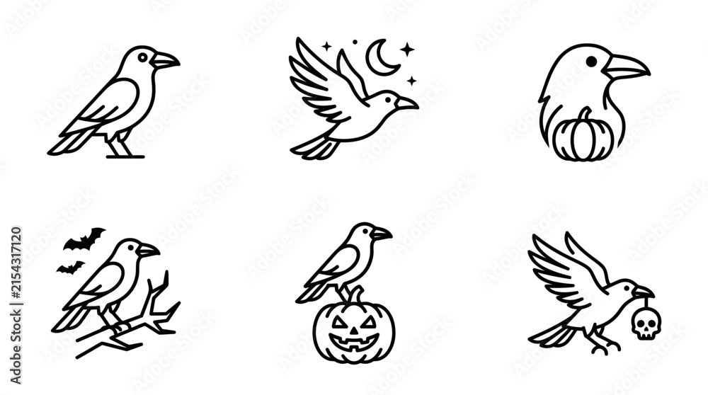 Naklejka premium Halloween Crow and Raven Icon Set