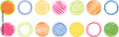 Foto Hand drawn colorful scribble circles set, 14 crayon sketch round frames, vibrant