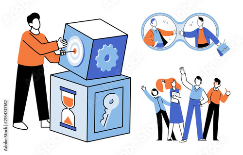People working with cubes and team members in a vector illustration. Productivity, goal setting, corporate strategy, teamwork, professional development, business success. Employees managing tasks