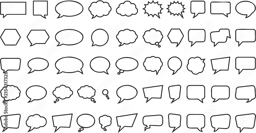 Obraz premium Minimalist speech bubble icons set, 50 black outline chat clouds and thought balloons, comic style dialogue boxes for social media and web design