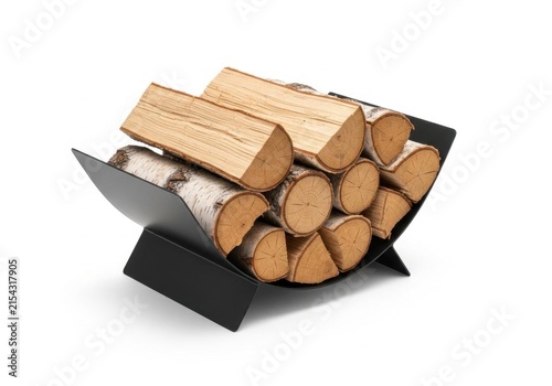 Stacked birch firewood logs in a modern black metal holder