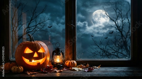 A spooky carved jack o lantern pumpkin sitting on a wooden windowsill at night with a full moon