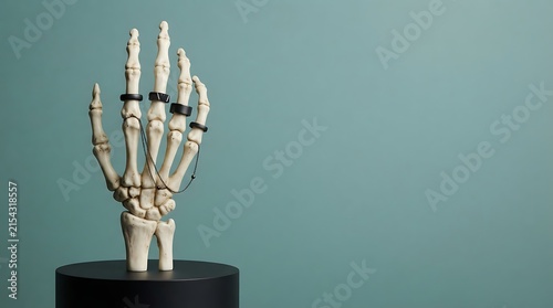 A decorative skeleton hand candle holder with long pink candles standing on a black pedestal against green background