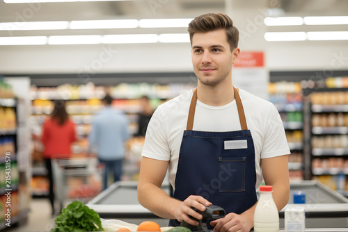 Supermarket worker scanning groceries at checkout