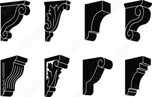 Canvas Print Architectural corbel silhouette designs featuring scrolls, leaf motifs, fluted d