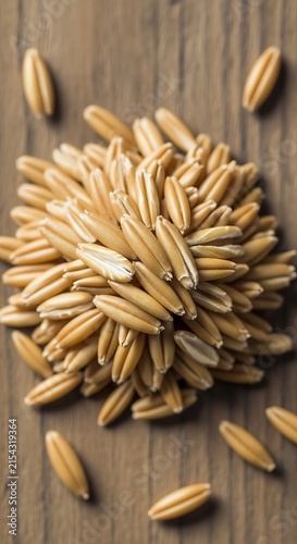 Pile of oats on wooden surface, healthy food concept.