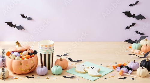 Festive halloween background with pastel pumpkins and paper bats on a light wooden table with copy space