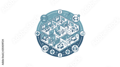 Connected office floor plan diagram showing automated workspace zones.