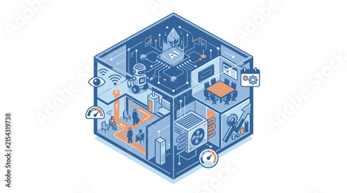 Isometric smart building diagram featuring artificial intelligence and automated rooms.