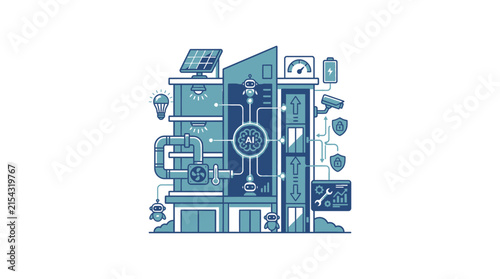 High-tech building utilizes central artificial intelligence for energy and security control.