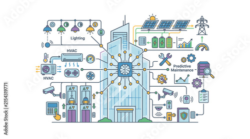 Smart building management infographic demonstrates automated HVAC, elevator, and lighting controls.