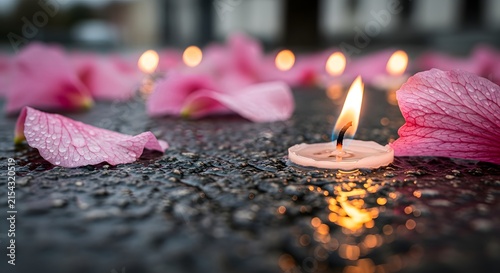 Memorial candle surrounded by pink flower petals on wet ground