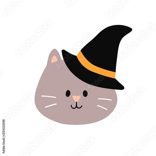 Cute funny cat in witch hat. Halloween feline animal, kitten character head a...