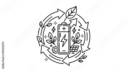 Foto Renewable Energy Battery Icon with Leaves and Arrows