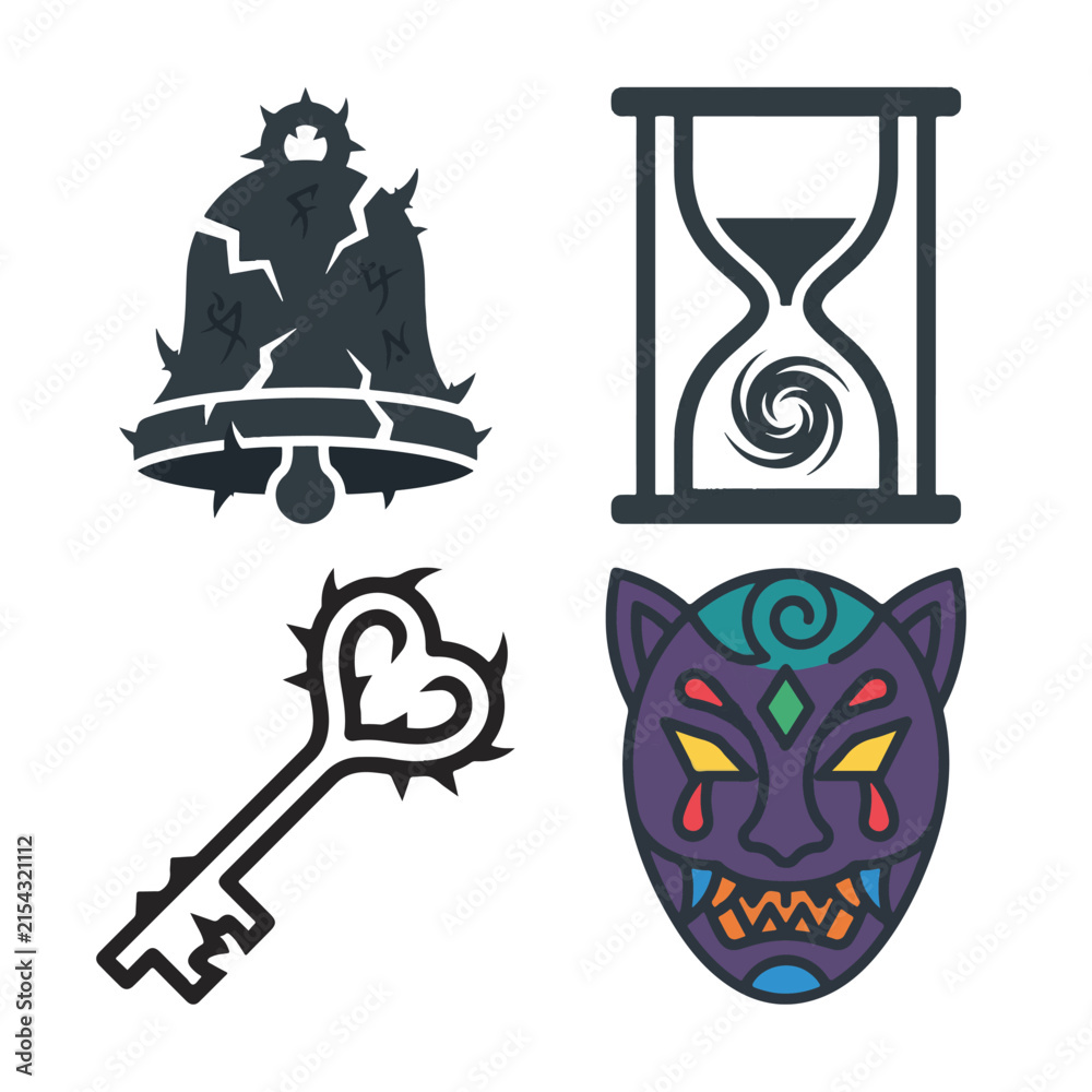 Naklejka premium Fantasy RPG game icons set, dark magic cursed items vector, mystical hourglass bell key and demon mask illustrations isolated on White Background halloween