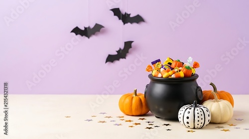 Halloween still life with cauldron full of candy pumpkins and flying bats