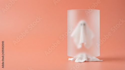 Minimalist composition featuring a white statue against a warm peach colored background