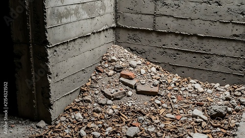 Pile of rubble and debris in the corner of a construction site.