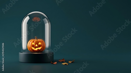 Small glowing jack o lantern pumpkin inside a glass cloche display case on a dark moody background