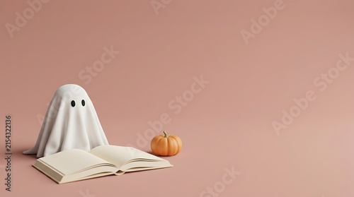 Minimalist halloween scene with a friendly ghost and pumpkin against a pastel background