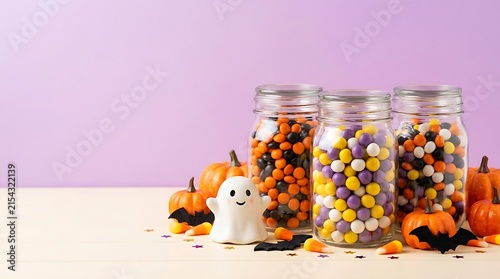 Colorful assortment of halloween candy in glass jars with festive decorations