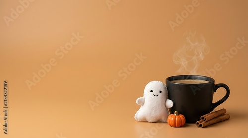 Autumnal still life with a steaming mug ghost figure and miniature pumpkin