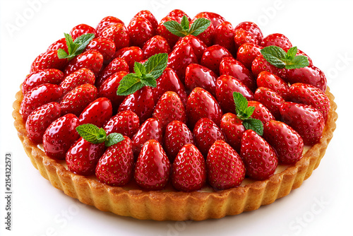 Tarte aux fraises sur fond blanc, pâte sablée dorée, crème pâtissière et fraises fraîches brillante en cercles concentriques, avec feuilles de menthe