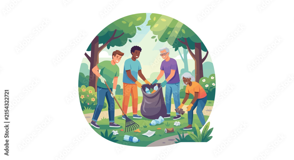 Fototapeta premium Community group cleaning a forest floor together.