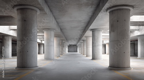 garage. An empty parking garage interior with repeating concrete columns and natural ambient light. real-estate listings.