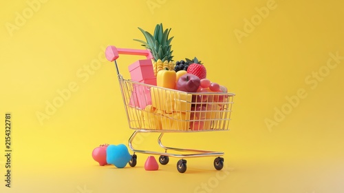 Grocery cart filled with stylized fruits and packages rests against a bright yellow background.