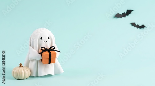 Playful halloween scene with a ghost holding a pumpkin against a pastel background