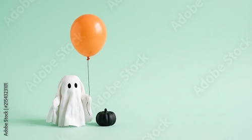 Spooky halloween scene with a ghost figure pumpkin and orange balloon on pastel background