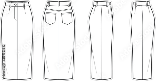 Technical fashion drawing of long pencil skirt with back pockets for women clothing apparel design