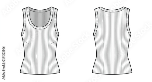 Technical fashion sketch of a ribbed sleeveless top shown from both the front and back views