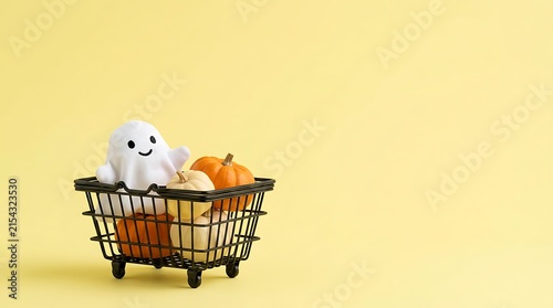 A small metal shopping basket filled with a cute ghost plush toy and orange pumpkins on yellow background