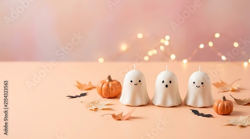 Festive halloween table setting with ghost decorations pumpkins and soft lighting