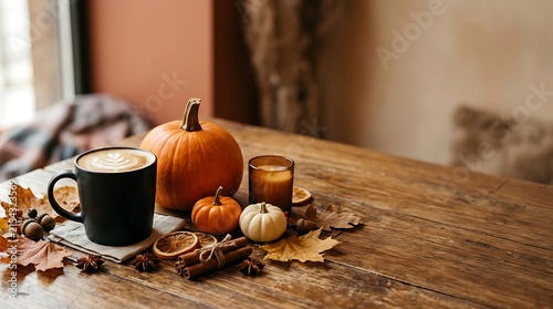 Cozy autumn scene with a black mug of coffee pumpkins and dry leaves on a rustic wooden table