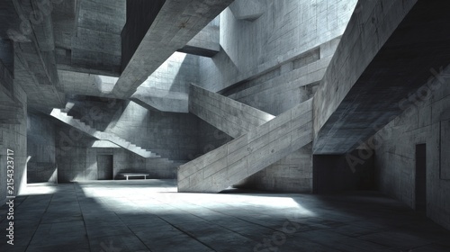 Futuristic minimalist concrete hallway interior with geometric stairs and sunlight