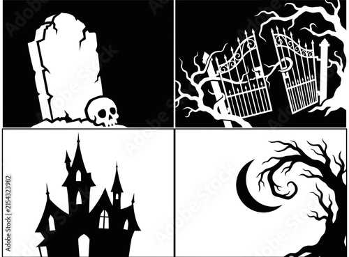 Spooky Midnight Horror Scenery Vector Elements in Black and White