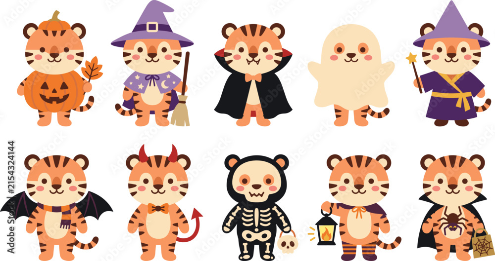 Fototapeta premium Set of cute tiger characters wearing various halloween costumes in flat cartoon vector style.