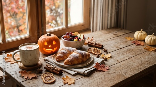 Cozy autumn morning scene with hot coffee fresh croissants and a small carved pumpkin on rustic wooden table